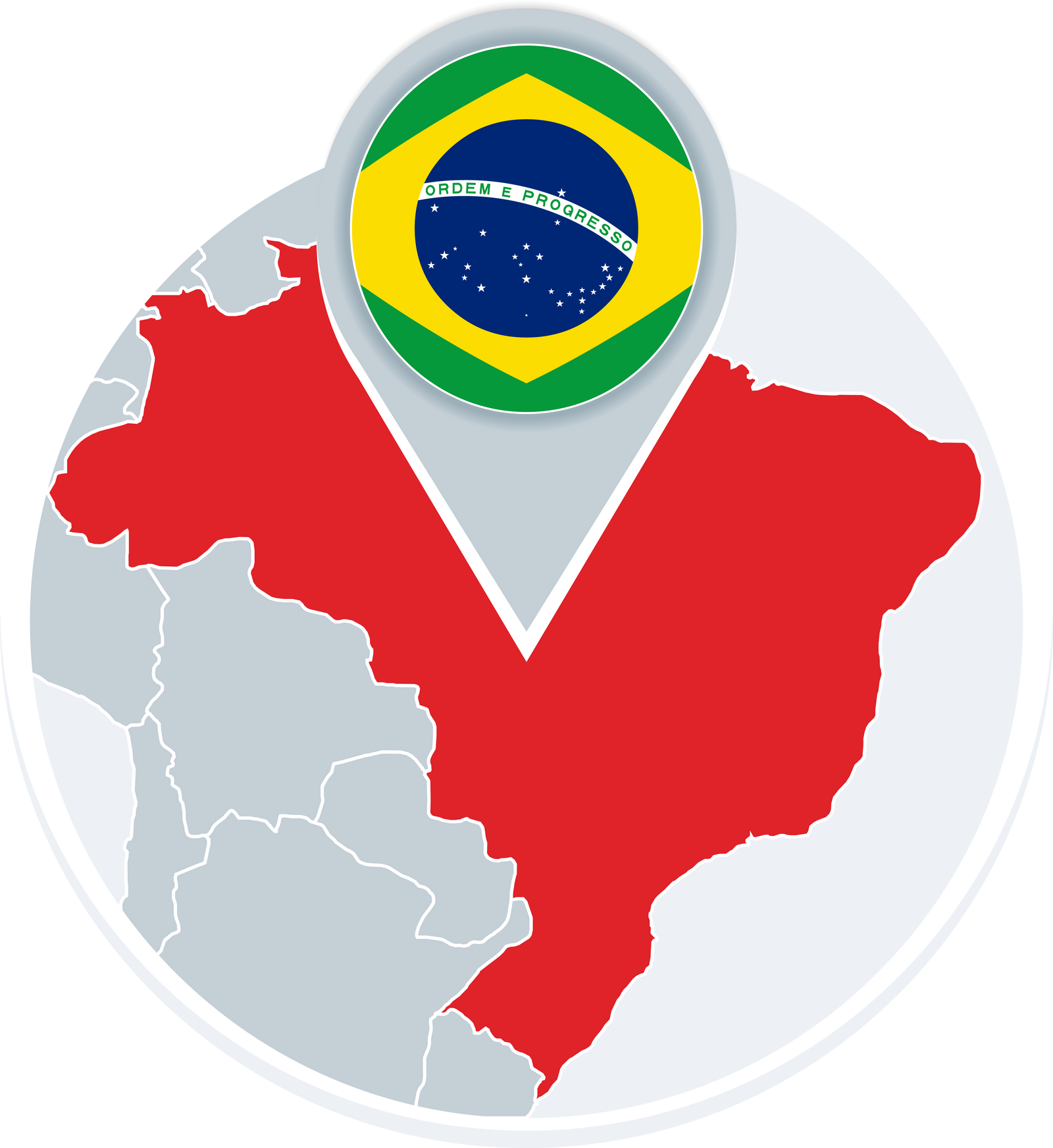 Brazil map and flag, map icon with highlighted Brazil